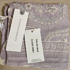 CHAN LUU ANTHROPOLOGIE SQUARE PAISLEY GLASS SEED BEAD STARS EMBROIDERED SCARF